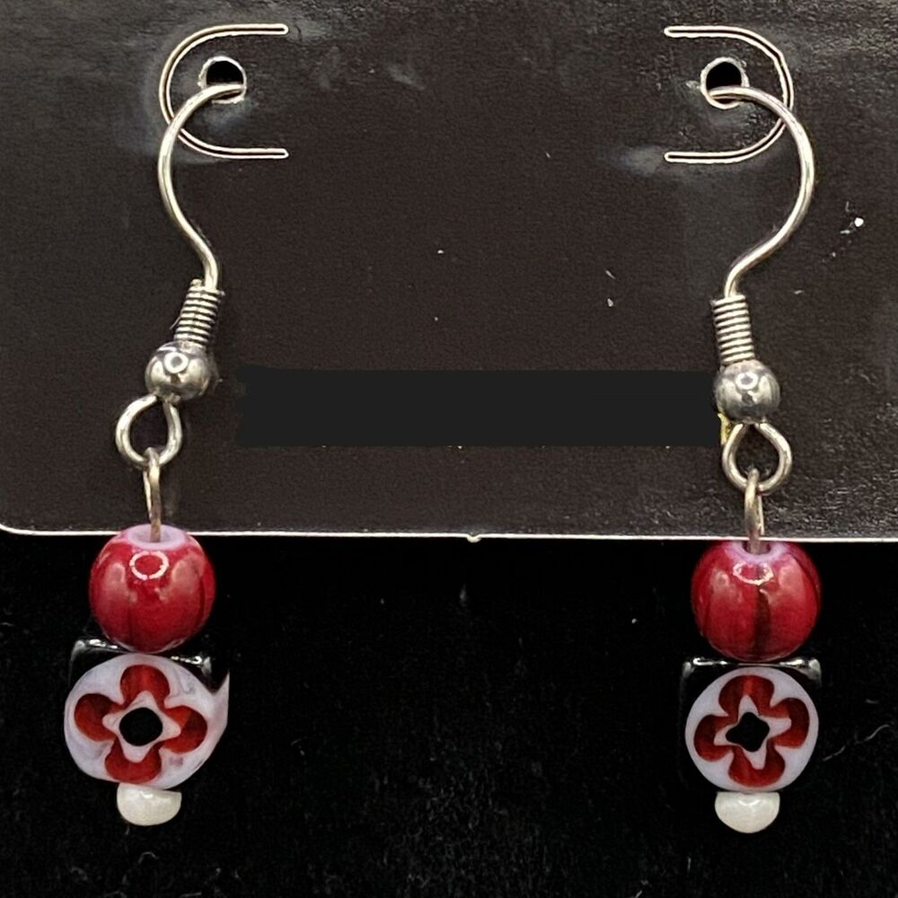 Handmade Millefiori Bead with Red & White Bead Earrings by Neanie-Bot
